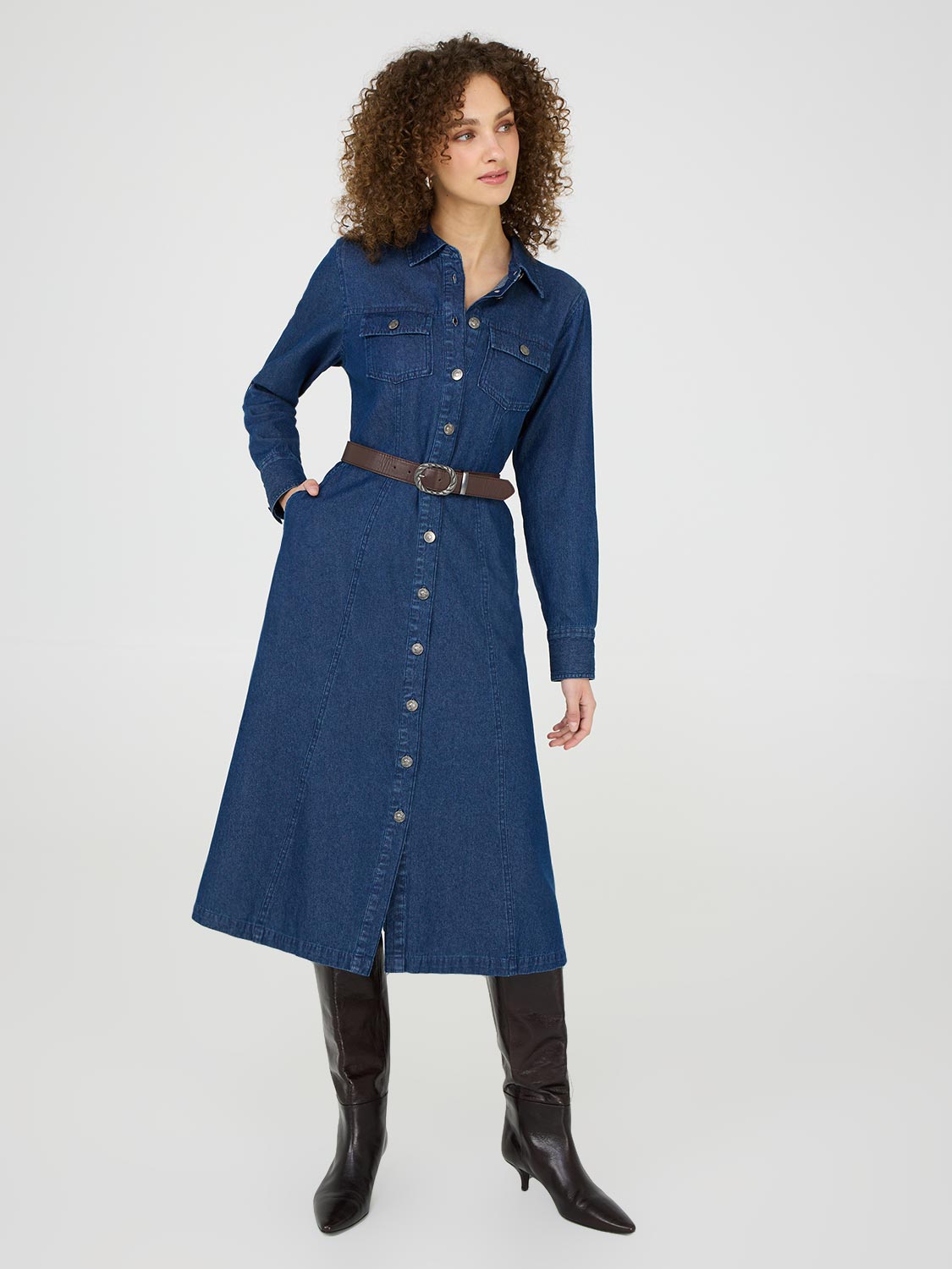 suzy shier denim dress Cotton-Blend Denim Panel Dress
