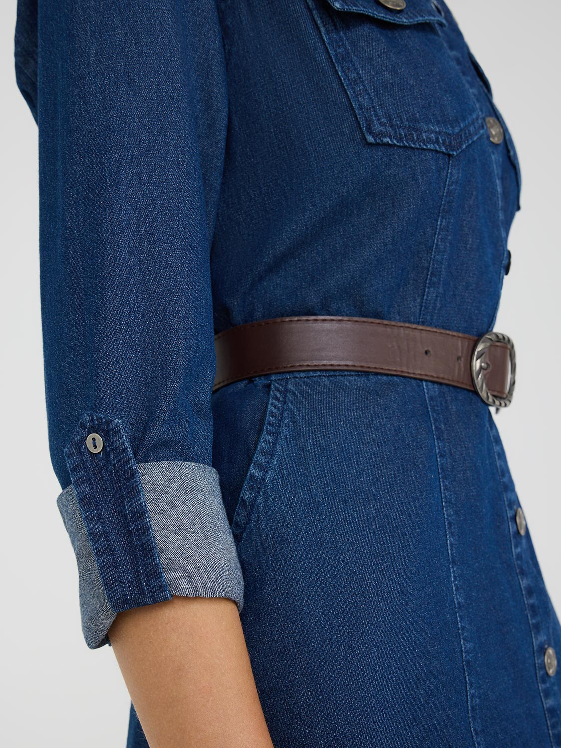suzy shier denim dress Cotton Denim Belted Midi Dress