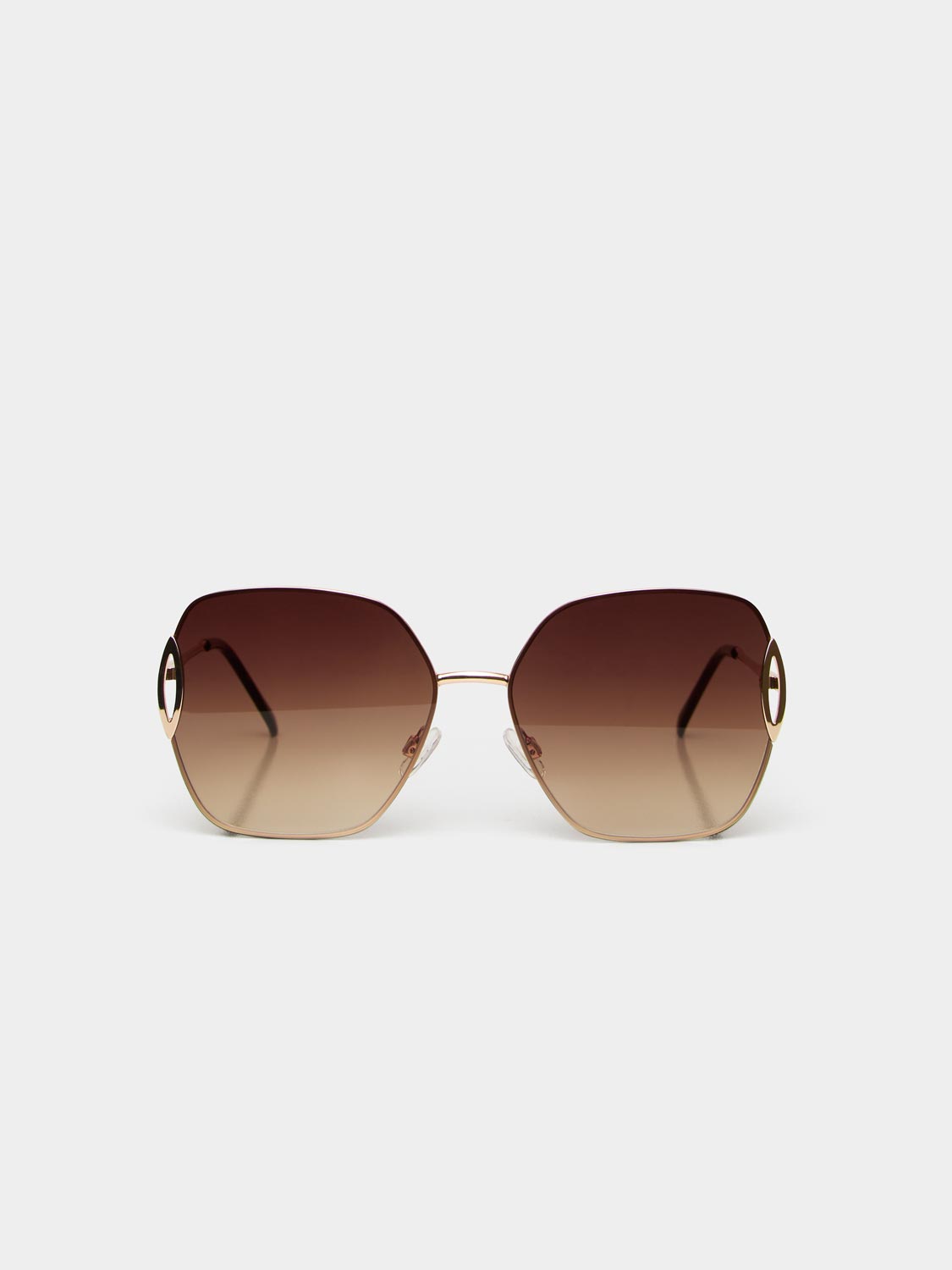 Brown Oversized Frameless Sunglasses - Front Flat Lay Showing Gold Metal Frame - Suzy Shier