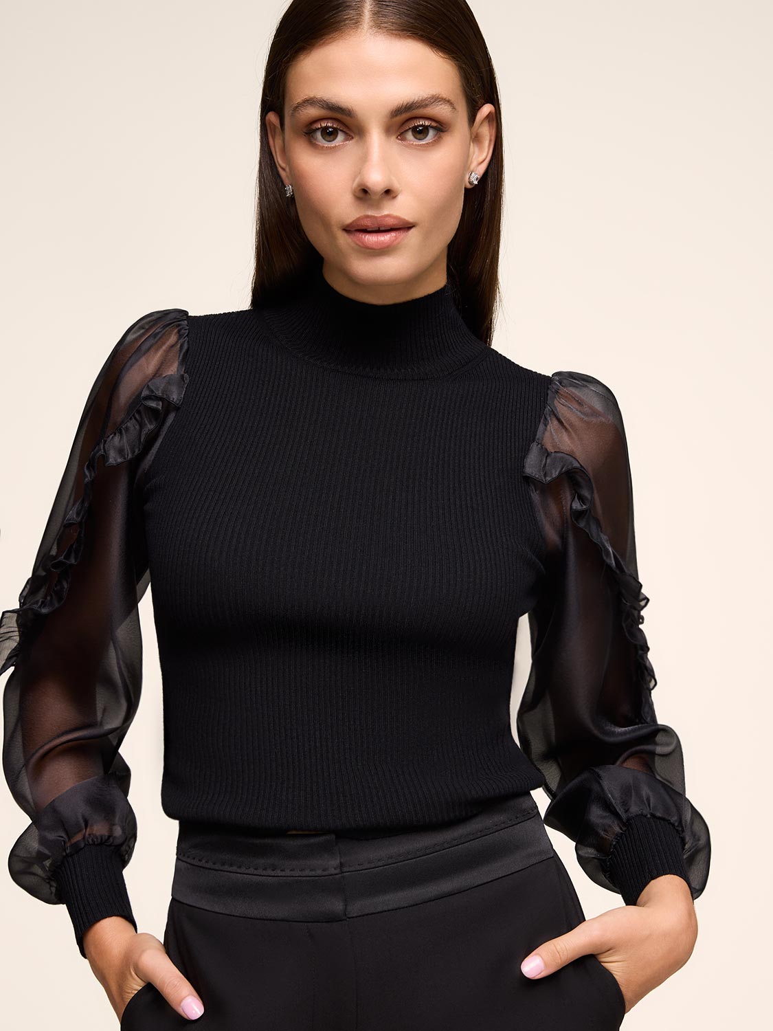Mock Neck Sweater With Organza Sleeves