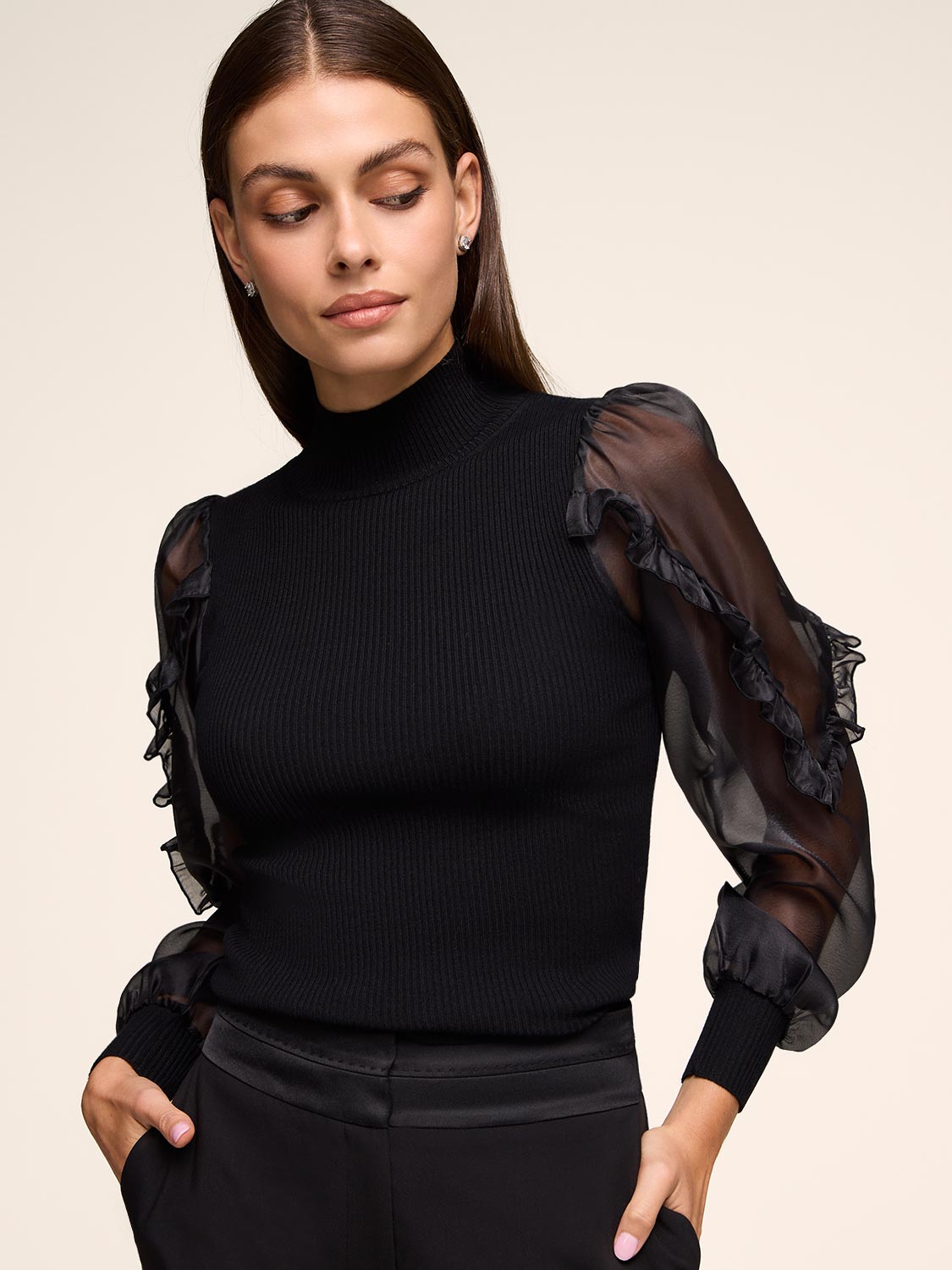 Mock Neck Sweater With Organza Sleeves