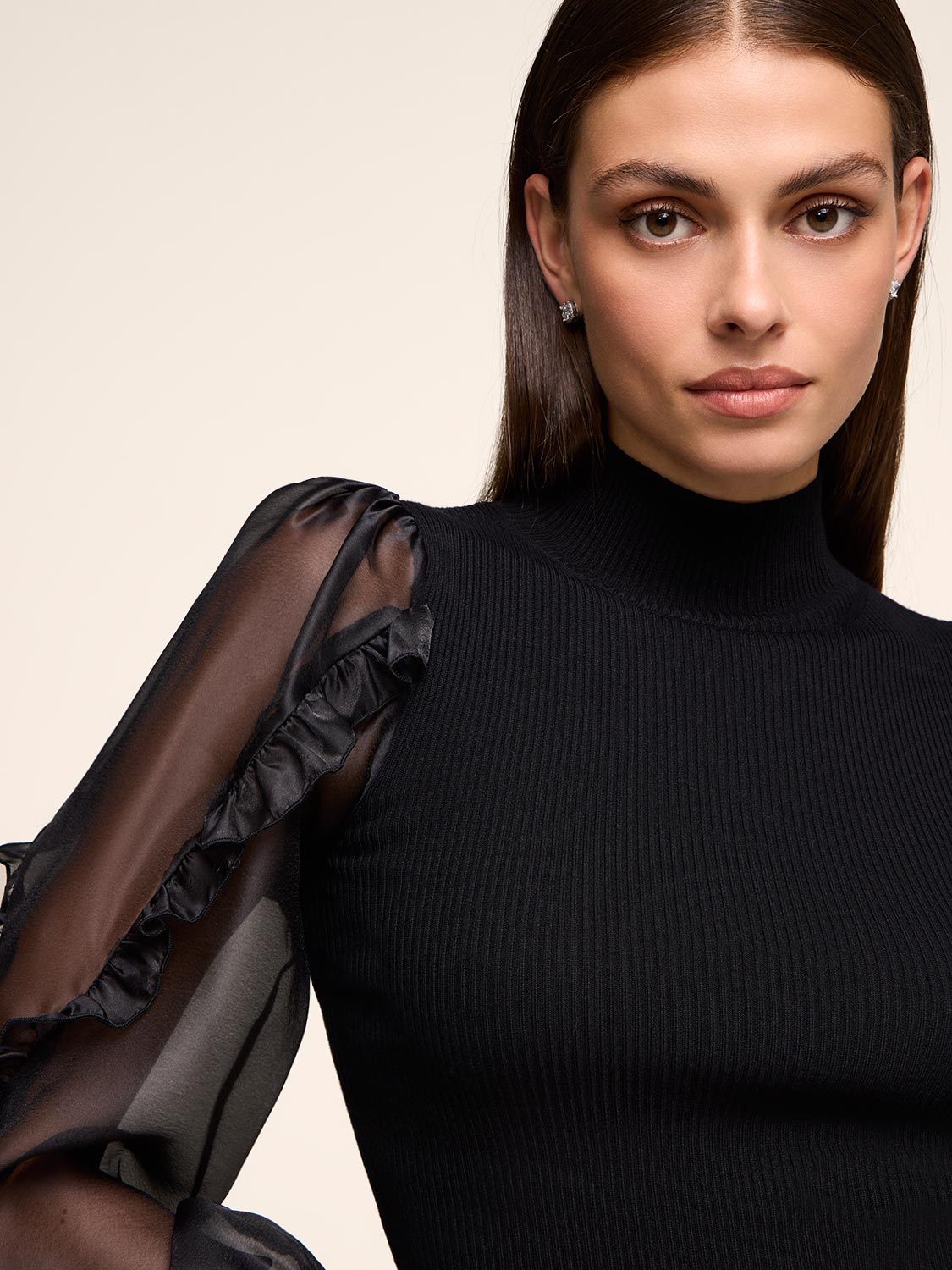 Mock Neck Sweater With Organza Sleeves